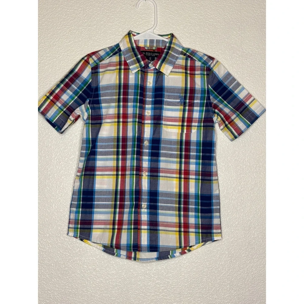 US Polo Assn Kids Med (8) Plaid Short Sleeve Button Down Shirt  Blue‎ Red Yellow